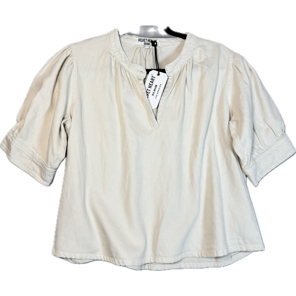NWT Velvet Heart Blouse Women L Cream Denim Cotton Puff Sleeve V-Neck Boho